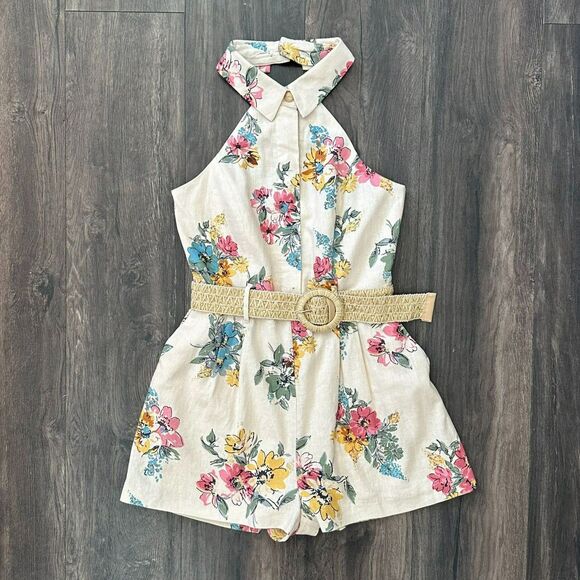 NWT House of Harlow Romper Linen Shorts Halter Backless Sleeveless Floral Size 6 - Picture 2 of 8